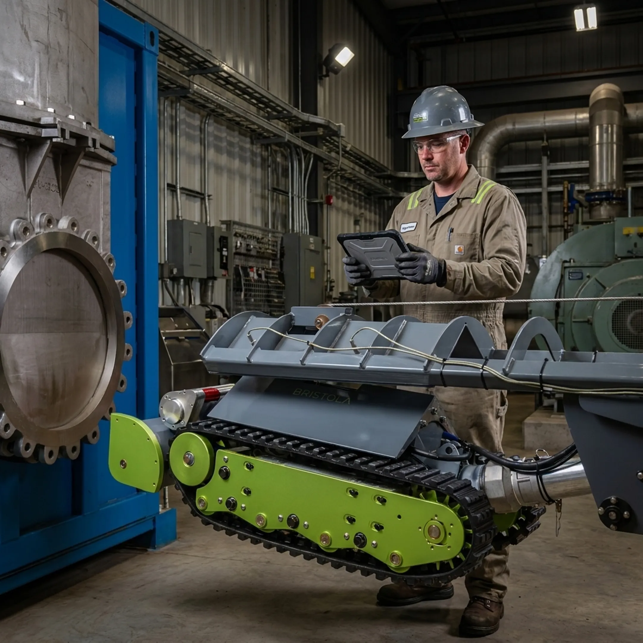 Technician monitoring robotic industrial tank cleaning