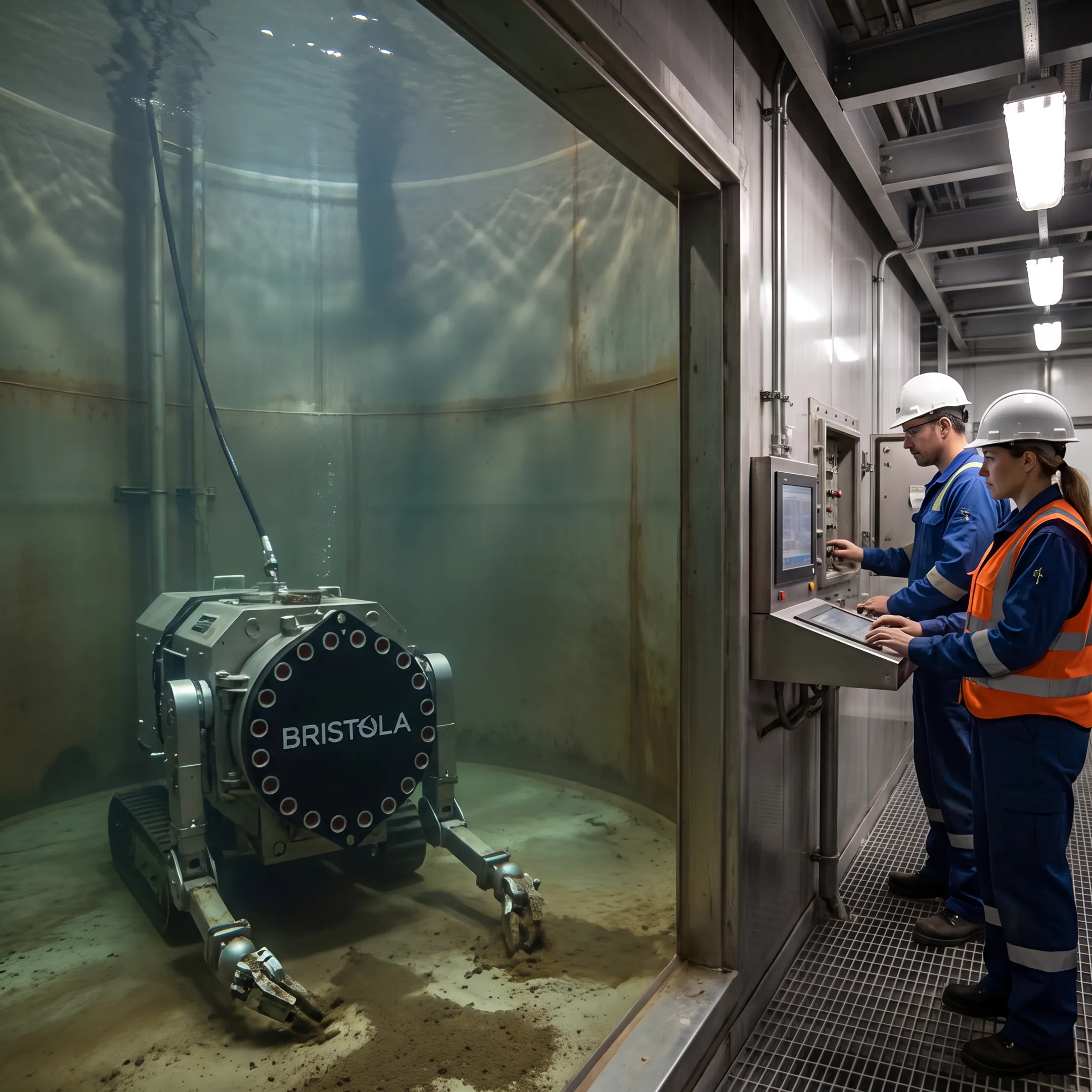 Robotic cleaning system servicing an industrial power plant tank
