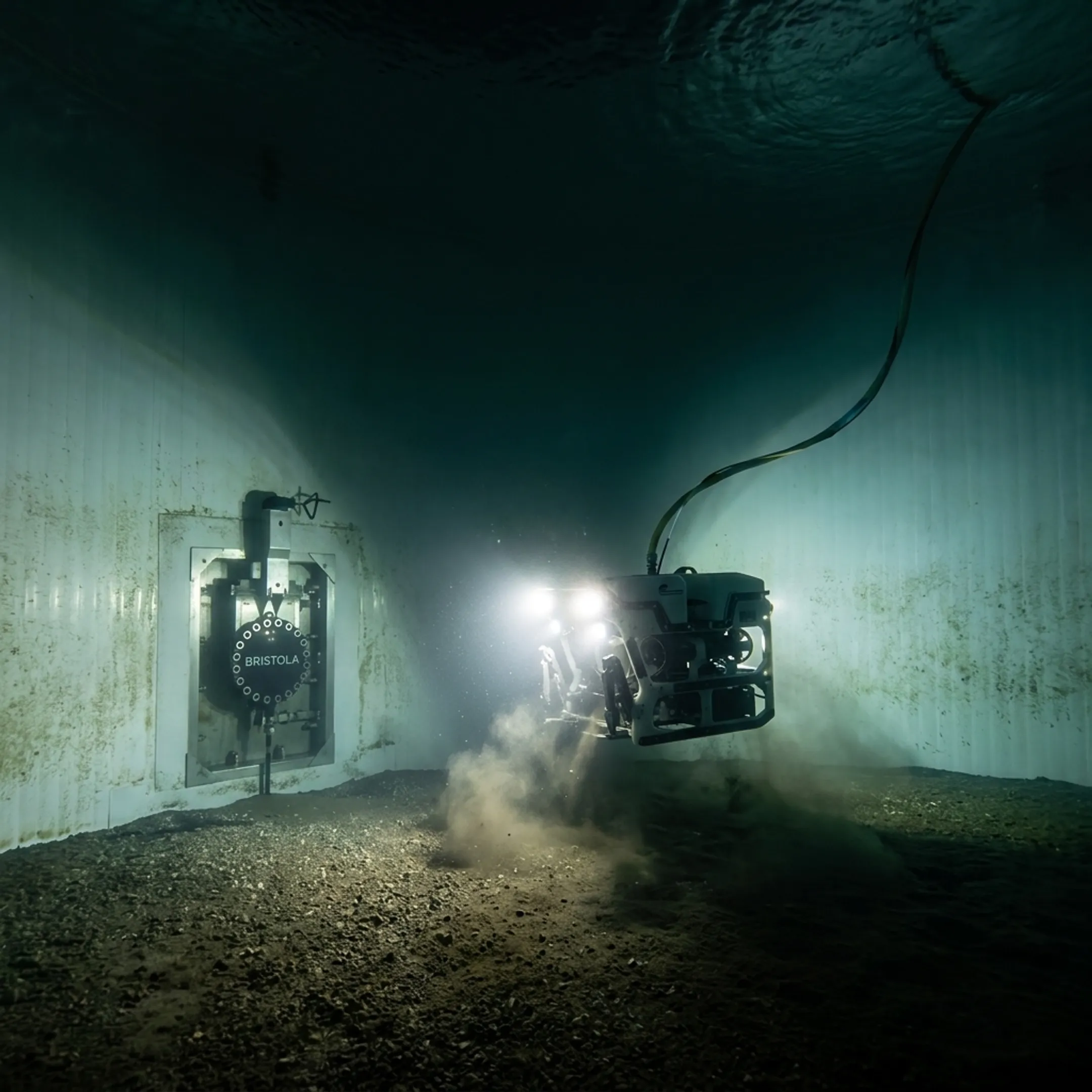 Robotic vehicle cleaning sediment inside an industrial tank