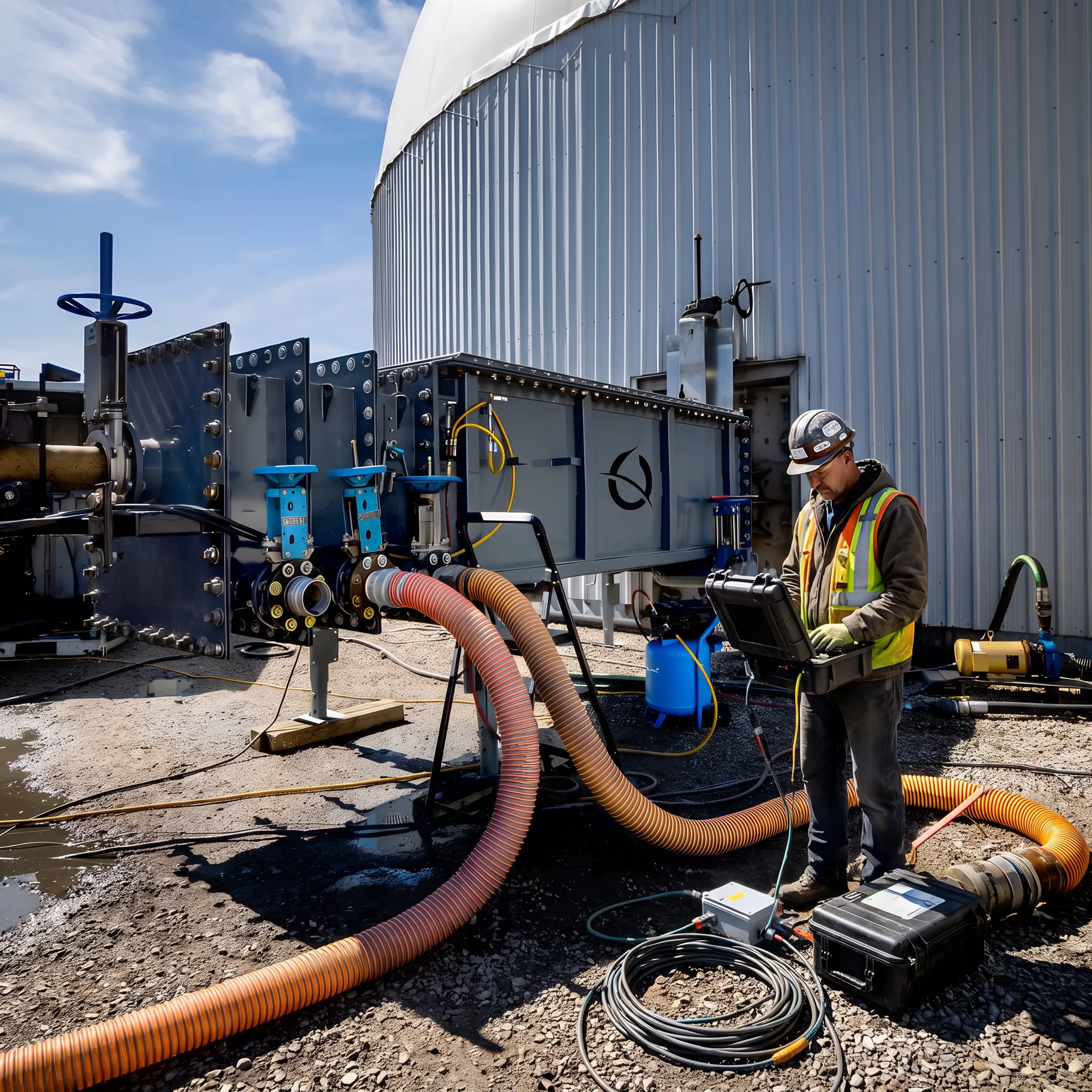 Technician operating a robotic tank cleaning system