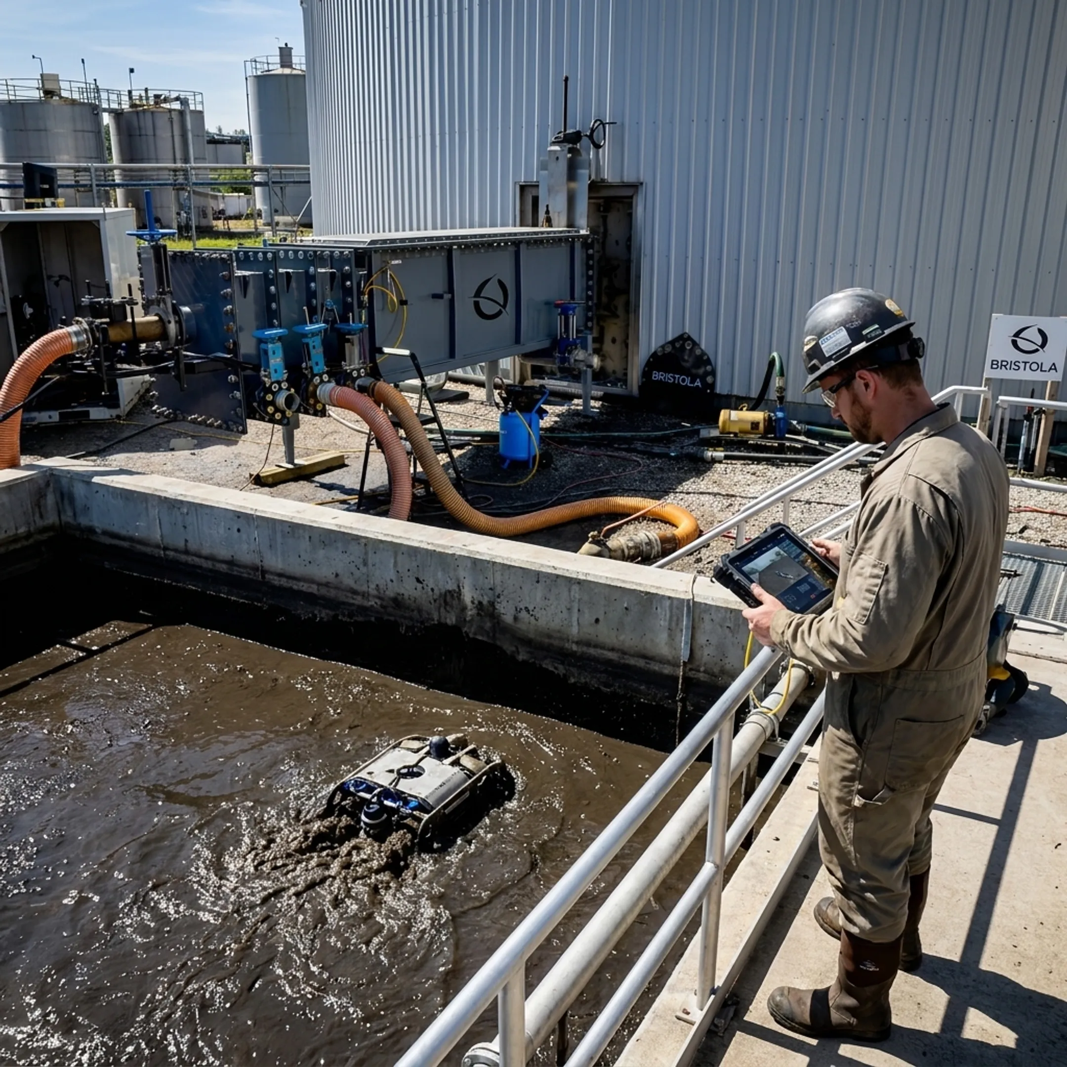 Operator monitoring robotic wastewater tank cleaning