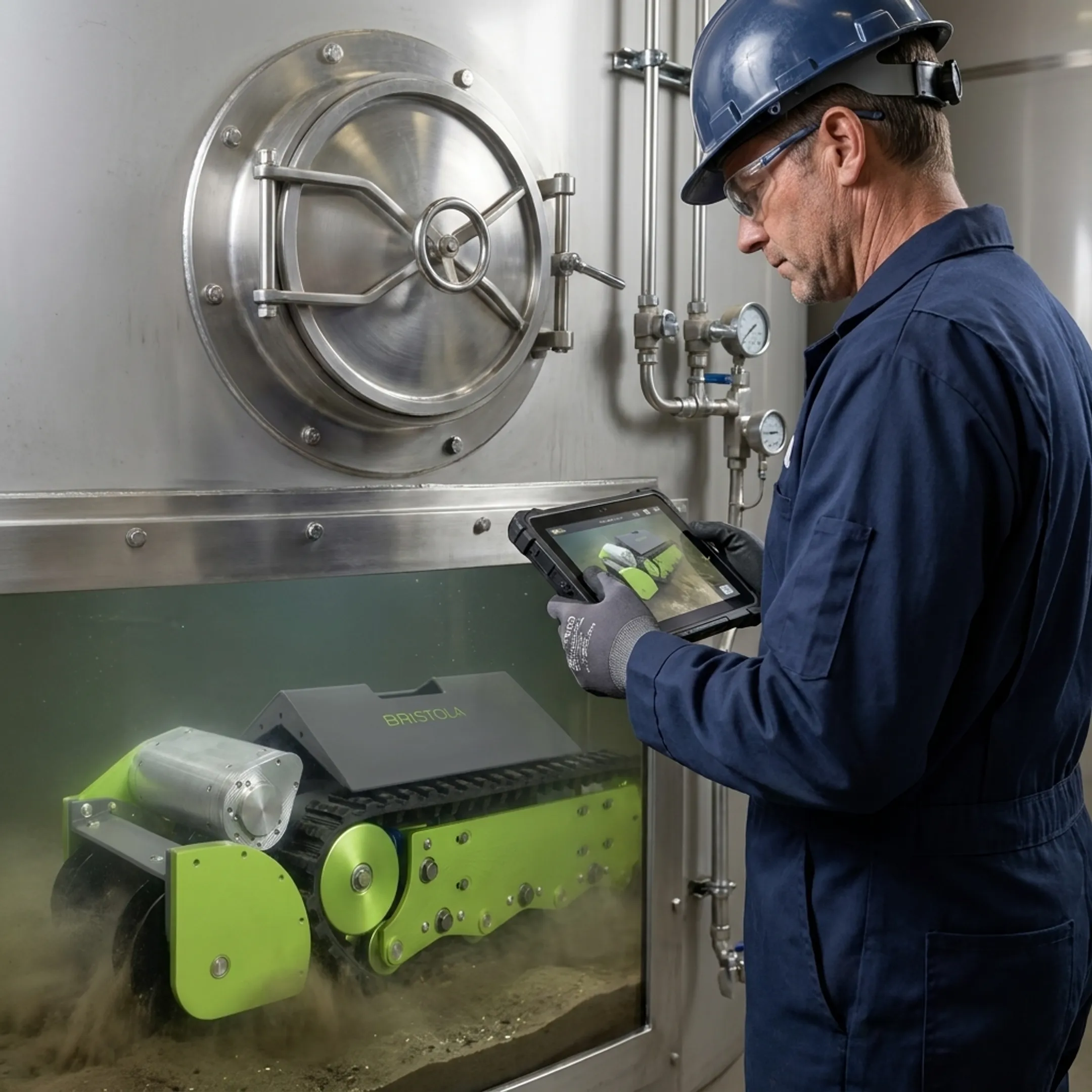 Operator monitoring robotic VAT tank cleaning