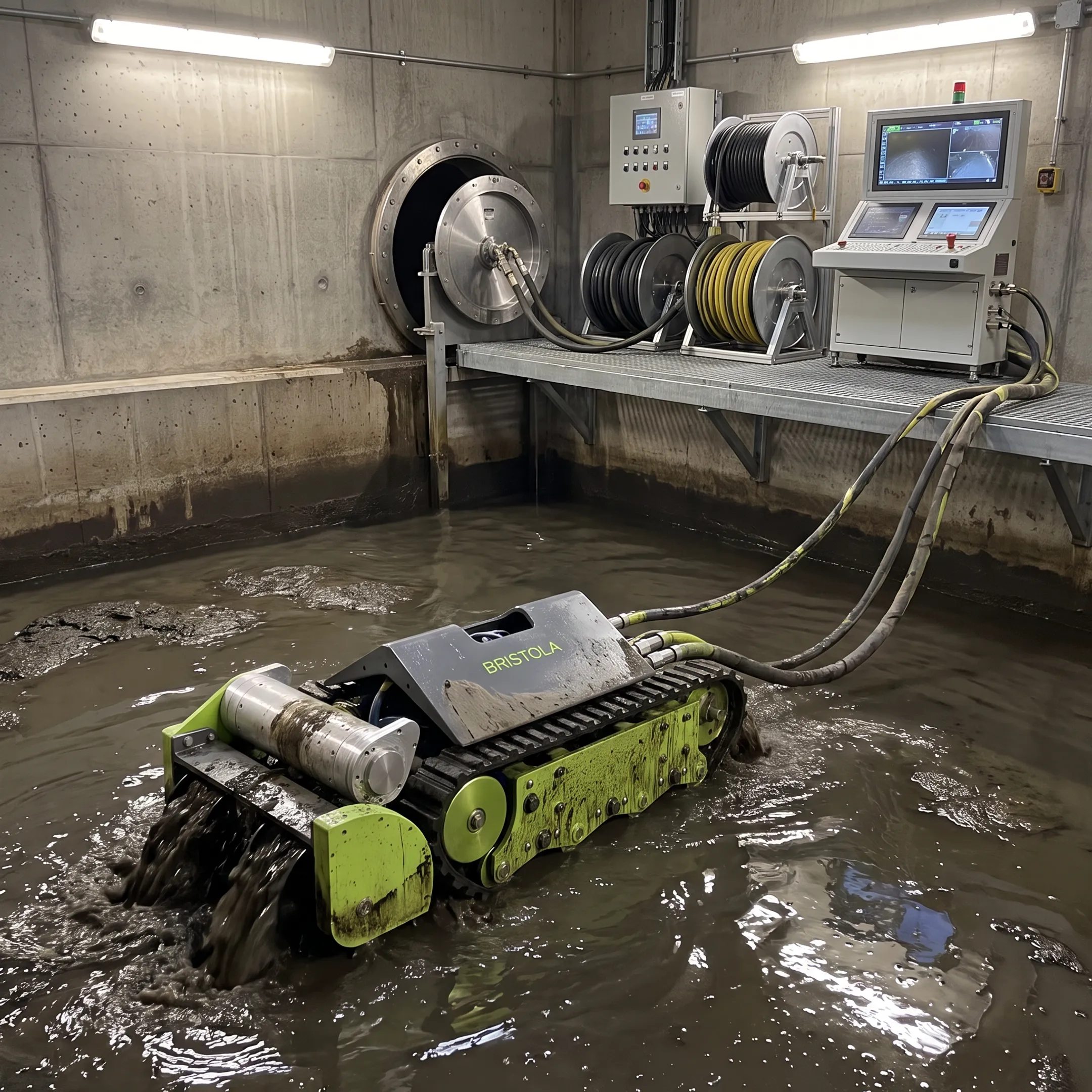 Robotic equipment cleaning an industrial storage tank