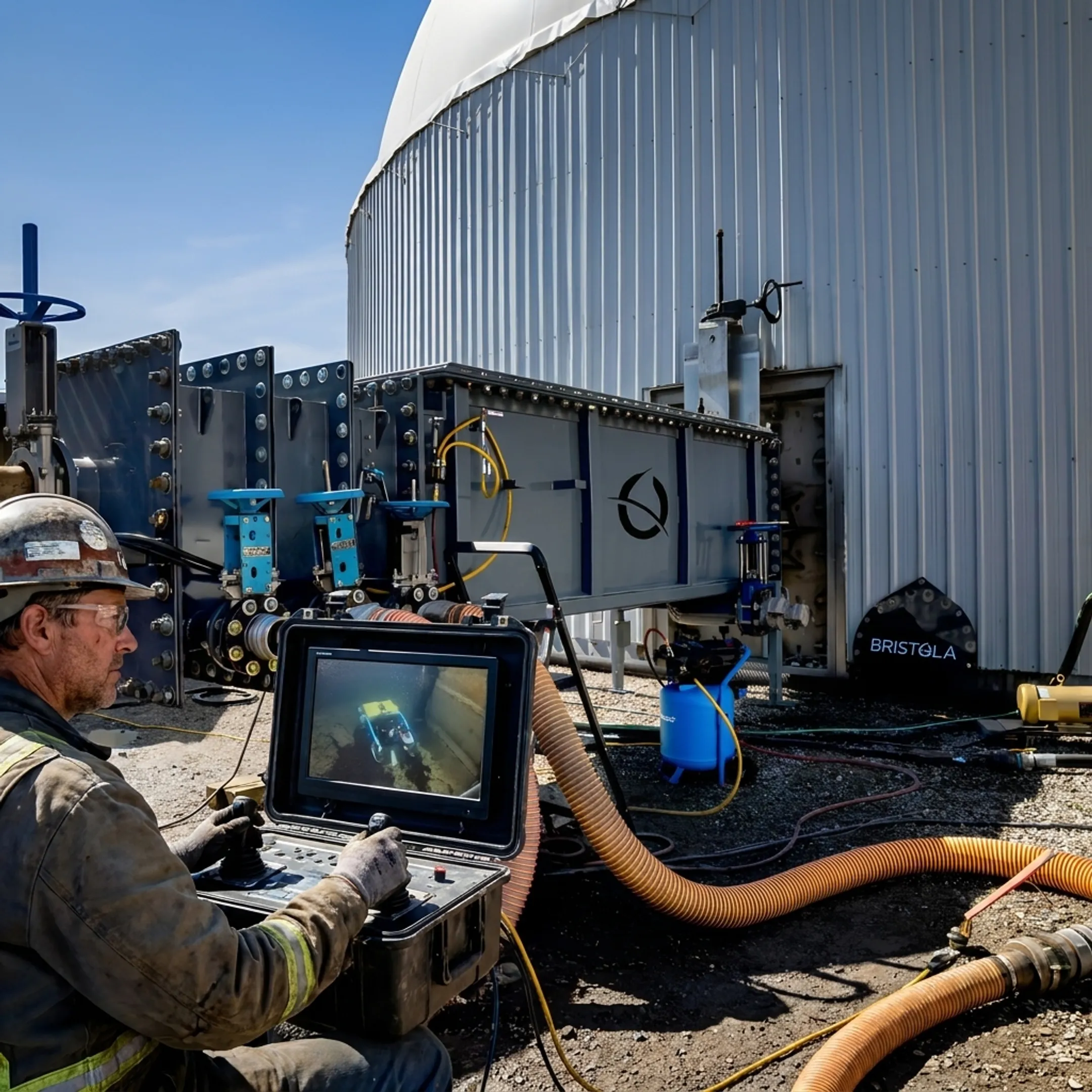 Technician monitoring robotic tank cleaning equipment