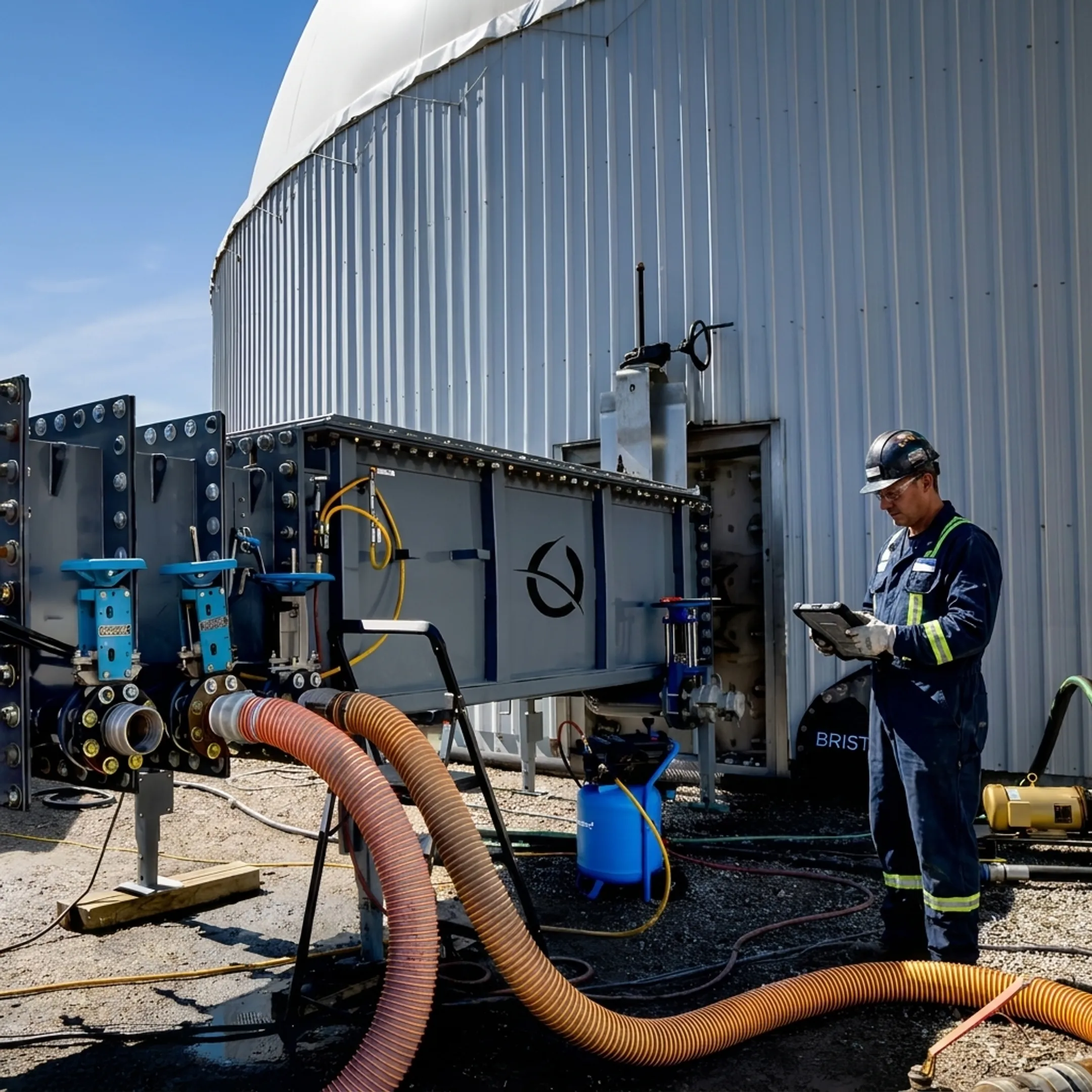 Technician monitoring robotic tank cleaning equipment