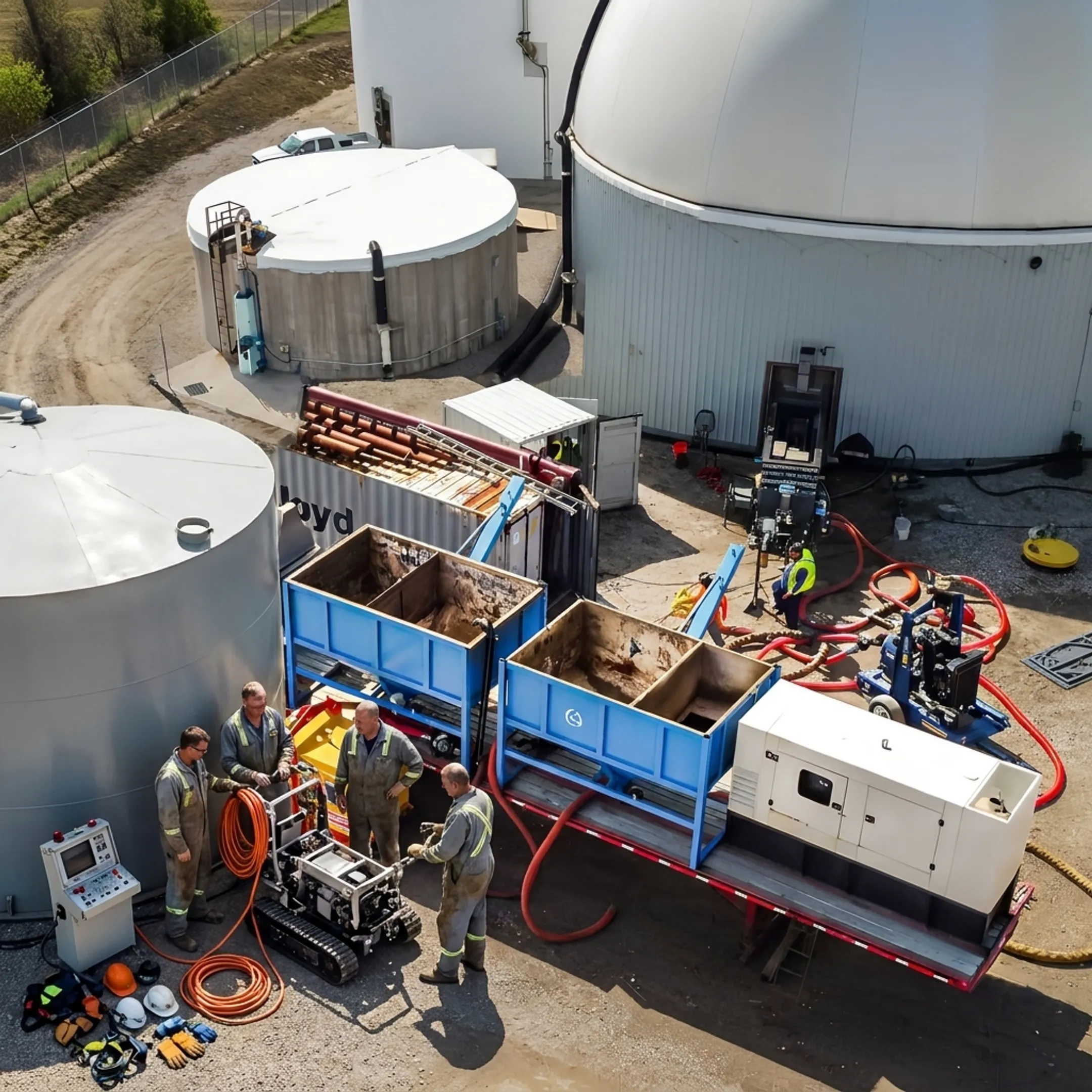 Remote operator preparing robotic tank cleaning equipment