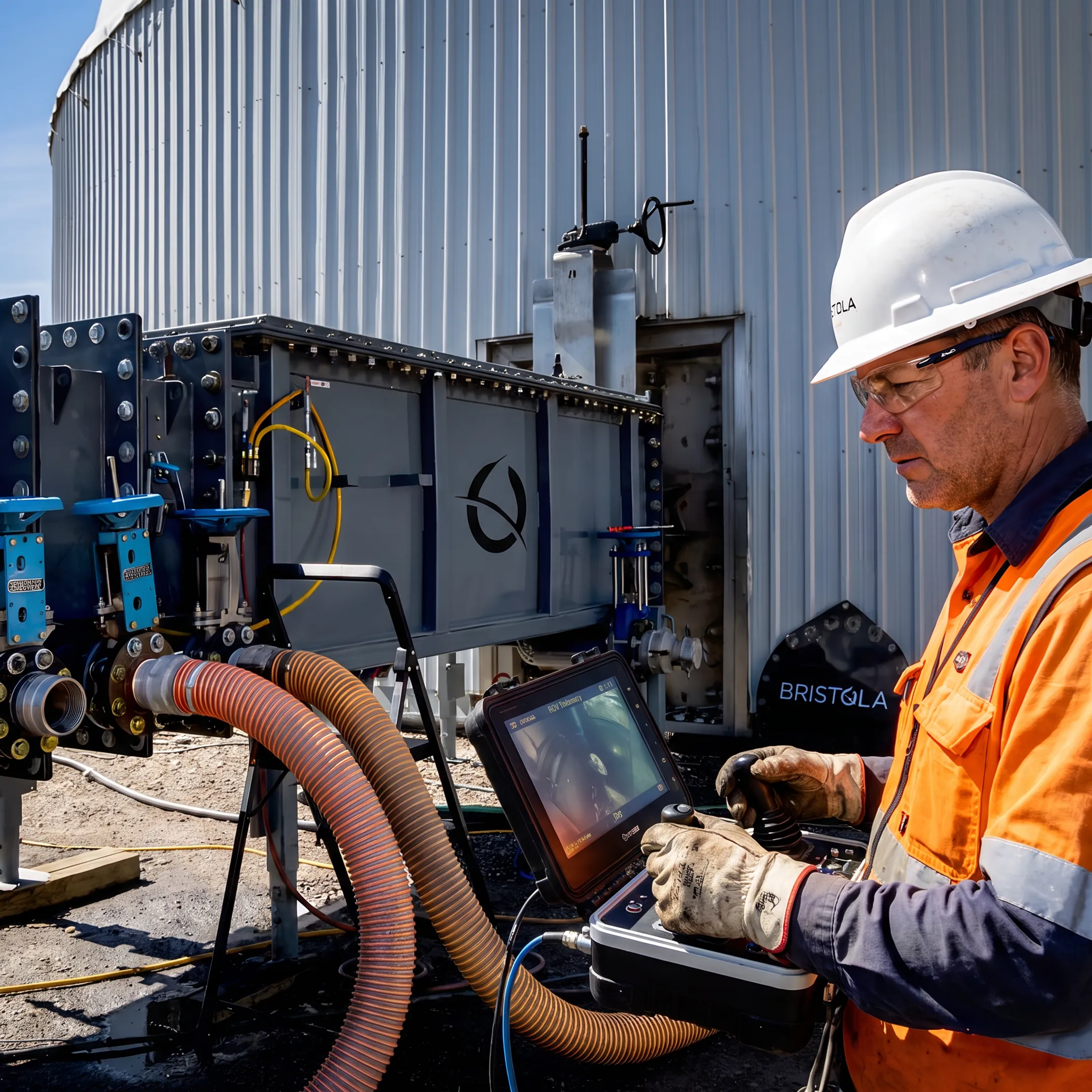Technician monitoring robotic equipment at an industrial tank