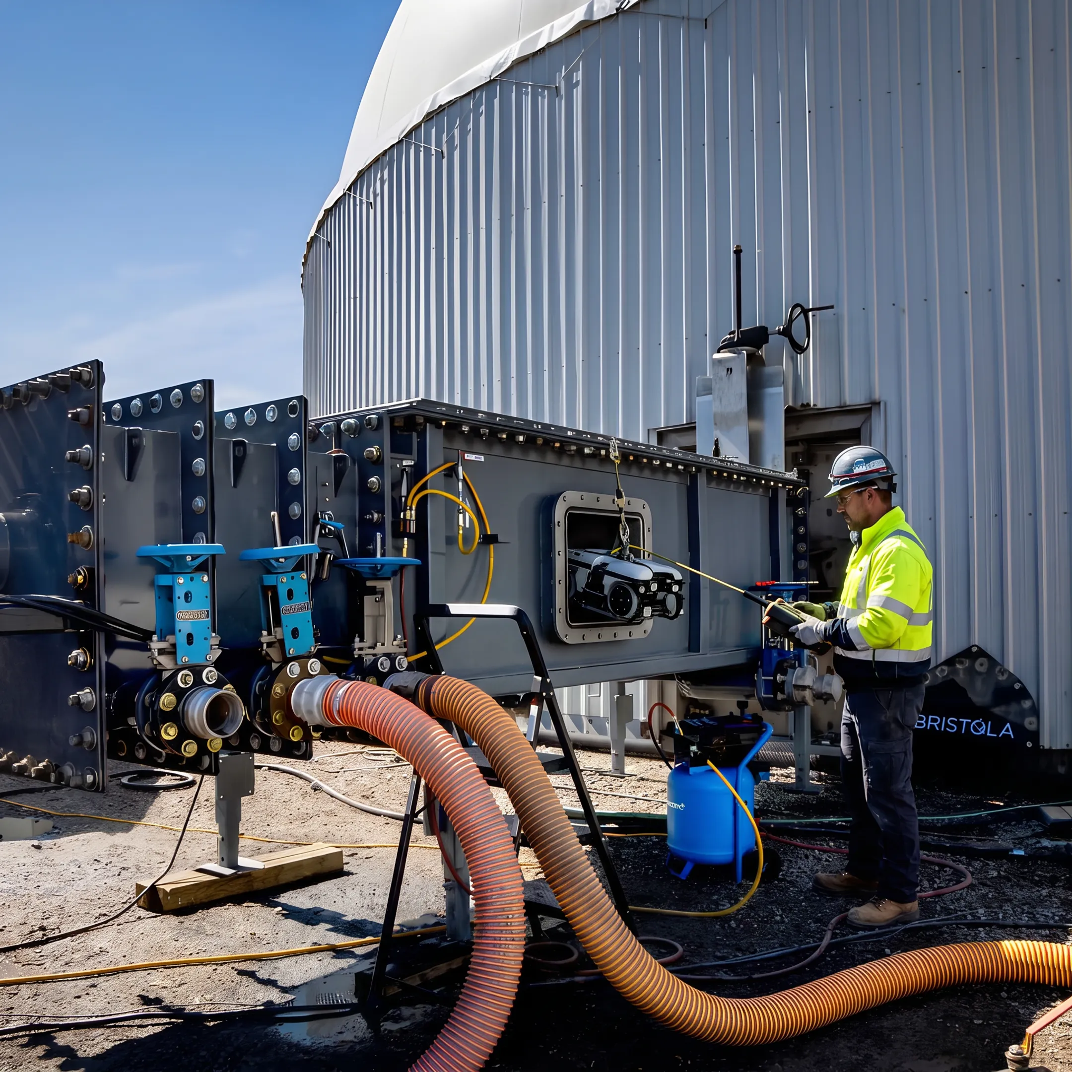Technician operating robotic tank cleaning equipment
