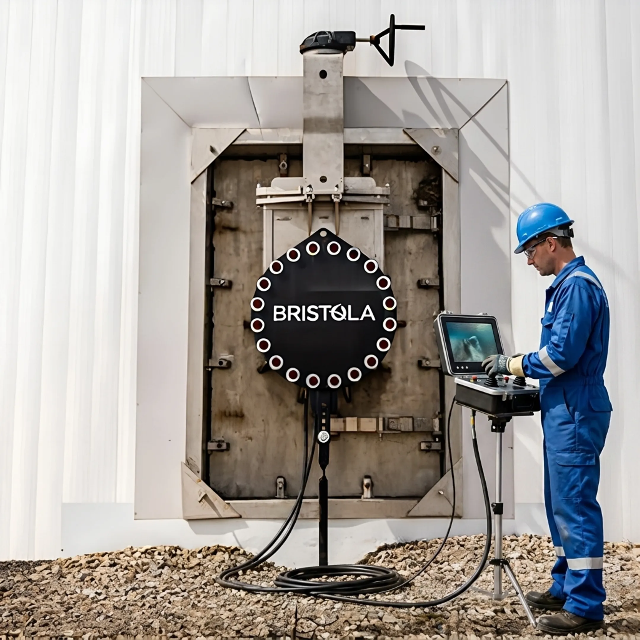 Technician operating robotic tank cleaning controls