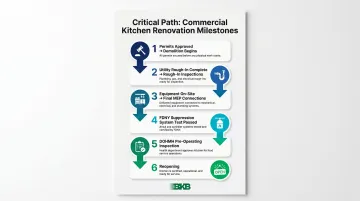 Six-step commercial kitchen renovation critical path milestone sequence infographic
