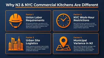 Four compounding NJ NYC commercial kitchen renovation challenges infographic