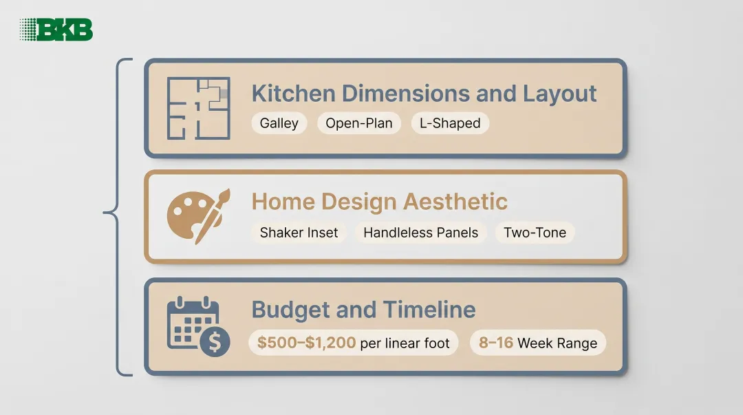 Three-factor custom cabinet decision framework covering layout style and budget