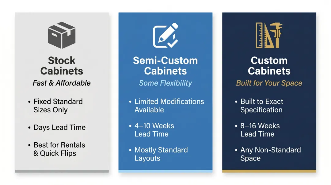 Stock versus semi-custom versus custom kitchen cabinet comparison infographic