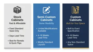 Stock versus semi-custom versus custom kitchen cabinet comparison infographic