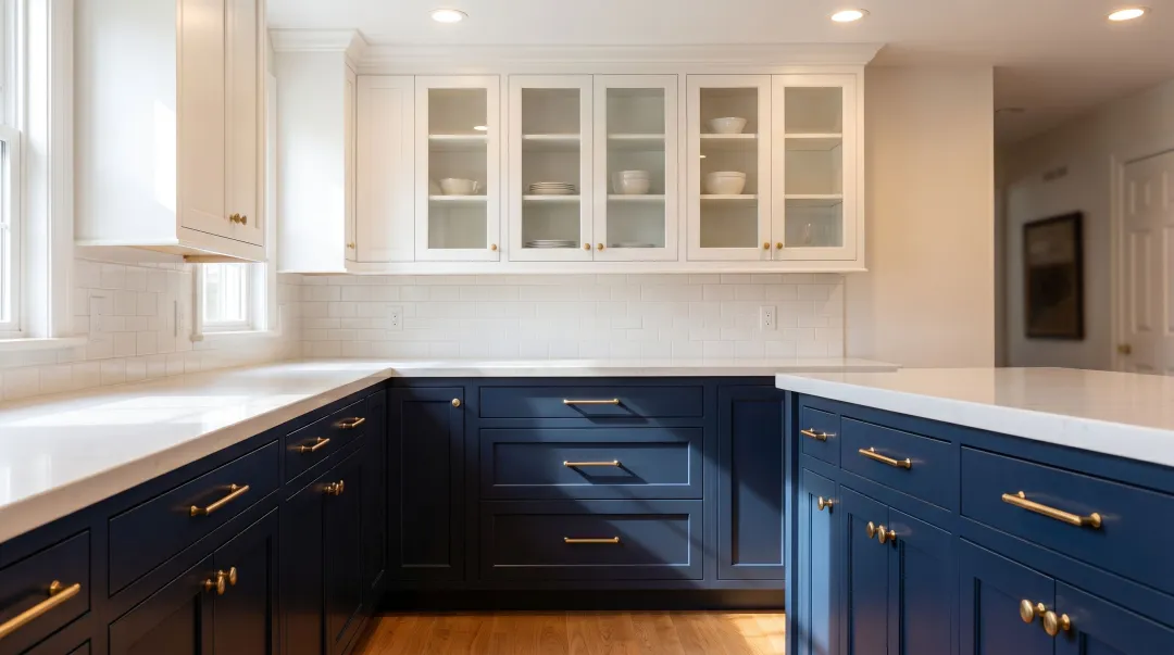 Two-toned kitchen with dark navy base cabinets and white upper cabinets