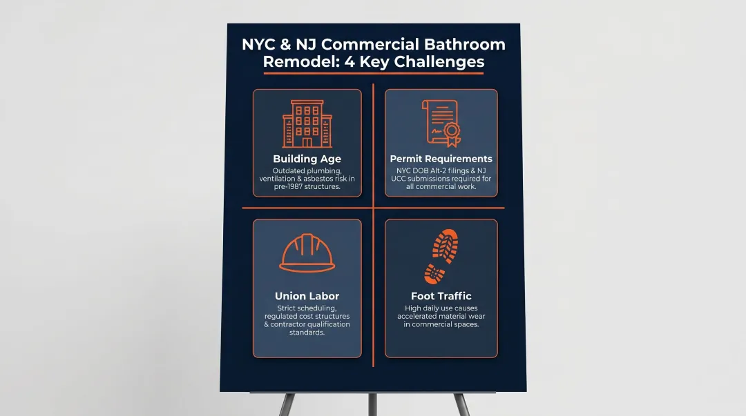 Four key NYC and NJ commercial bathroom remodeling challenges infographic