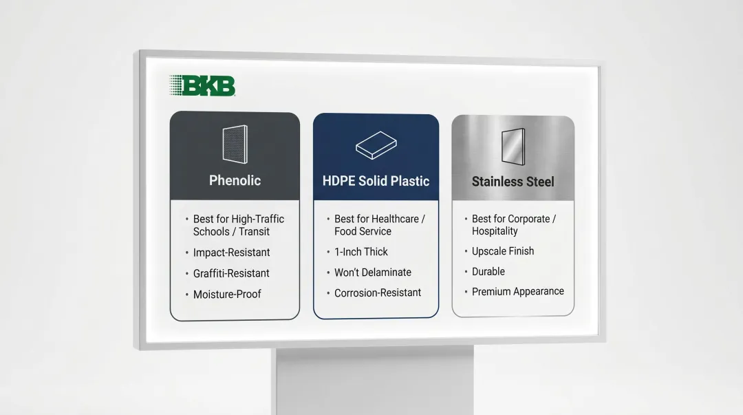 Commercial bathroom partition materials comparison chart phenolic HDPE stainless steel