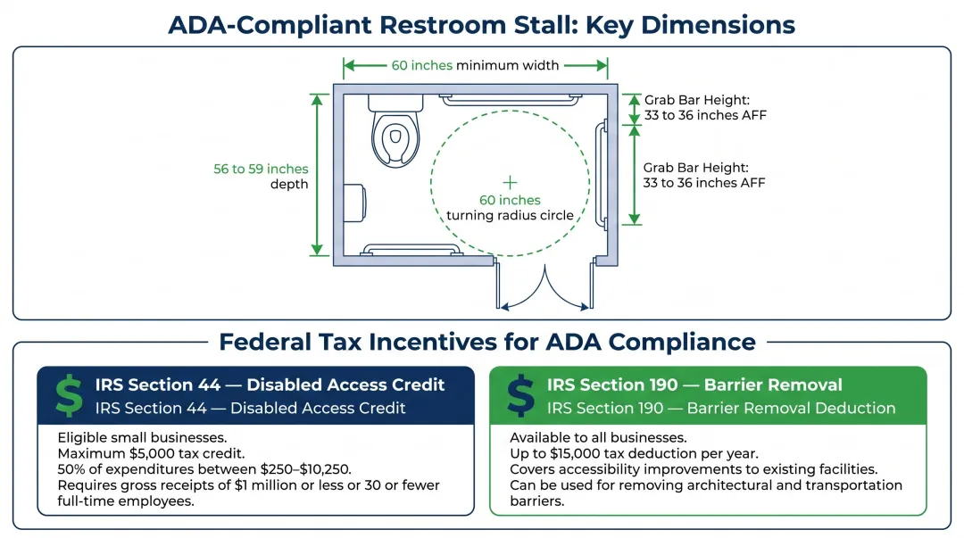 ADA commercial restroom compliance specifications with dimensions and tax incentives breakdown