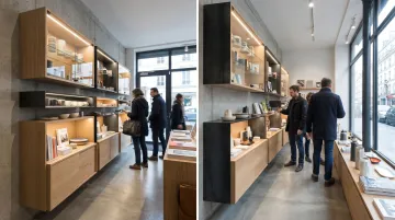 Wall-mounted retail display cabinet installed in compact NYC boutique storefront