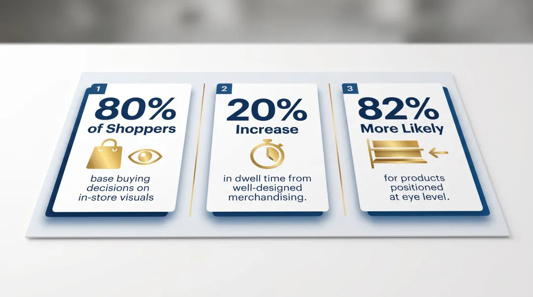 Three retail visual merchandising statistics showing shopper behavior and sales impact