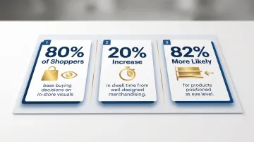 Three retail visual merchandising statistics showing shopper behavior and sales impact