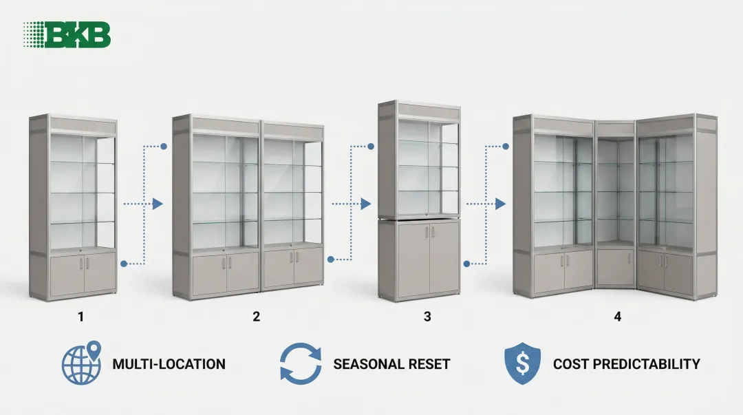 Modular retail display cabinet configuration options showing stackable and expandable unit combinations