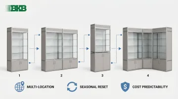 Modular retail display cabinet configuration options showing stackable and expandable unit combinations