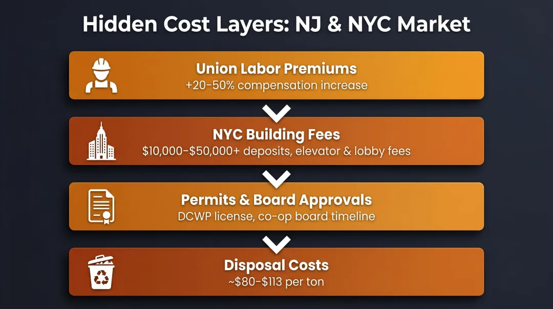 NYC NJ granite installation hidden cost drivers union labor building fees disposal