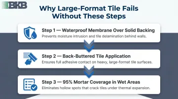Large-format shower tile installation requirements waterproof membrane and mortar coverage