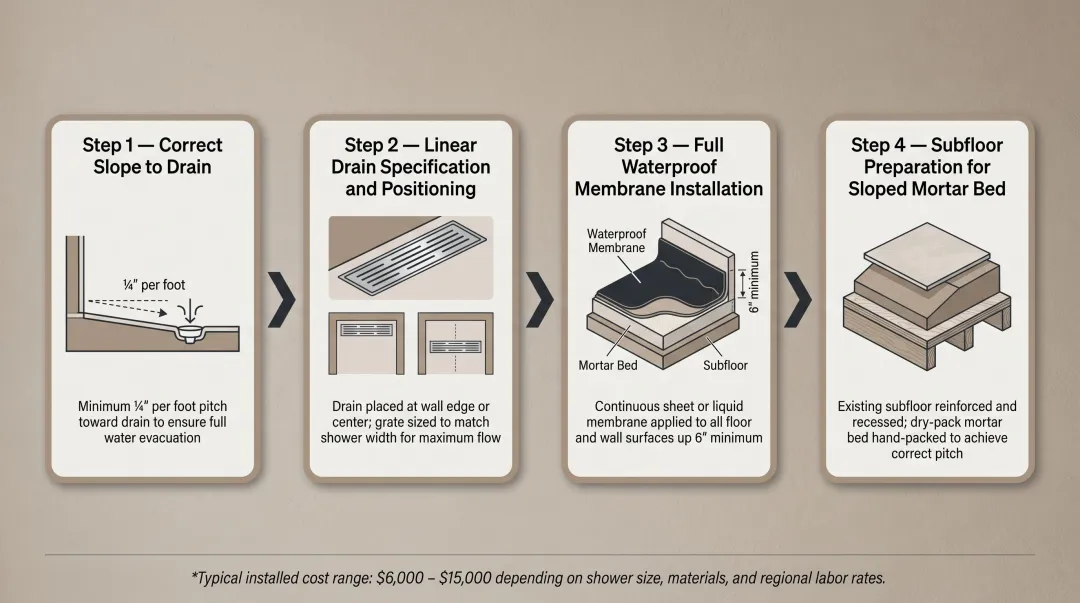 4-step curbless walk-in shower conversion technical requirements installation process