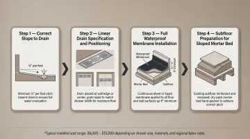 4-step curbless walk-in shower conversion technical requirements installation process