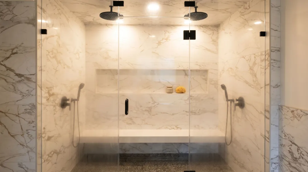 Luxury home steam shower enclosure with glass door and modern tile walls