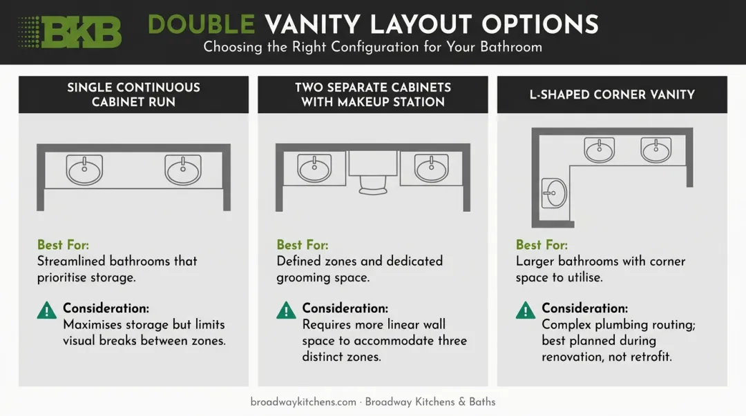 Three double vanity layout configurations comparison chart with tradeoffs