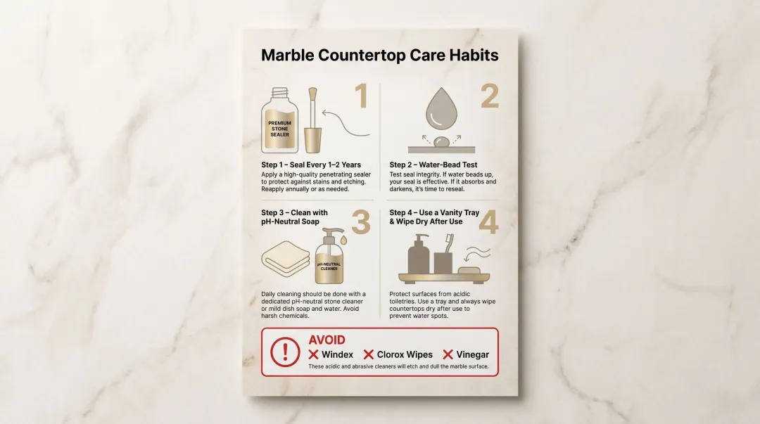 Four-step marble bathroom countertop care and maintenance routine infographic