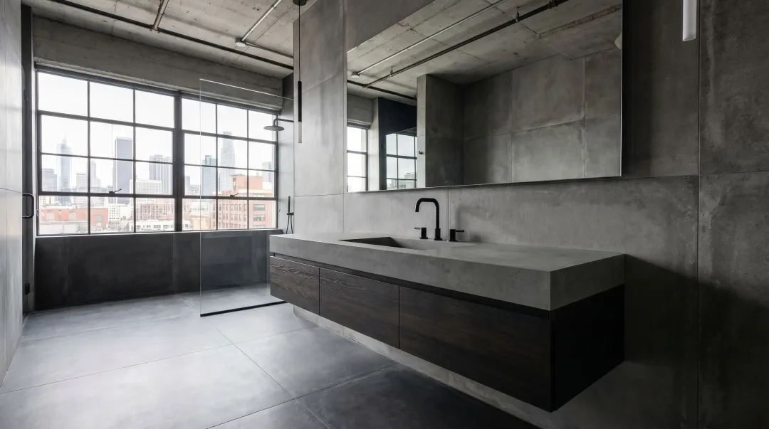 Concrete gray quartz vanity countertop installed in modern minimalist NYC bathroom