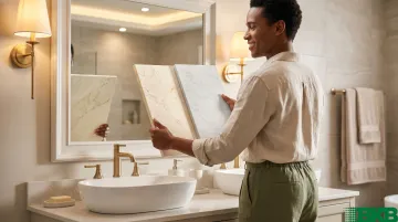 Homeowner comparing quartz countertop samples under bathroom vanity lighting conditions