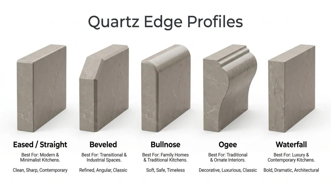 Five quartz countertop edge profile types comparison chart with visual examples