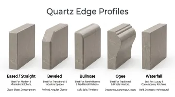 Five quartz countertop edge profile types comparison chart with visual examples