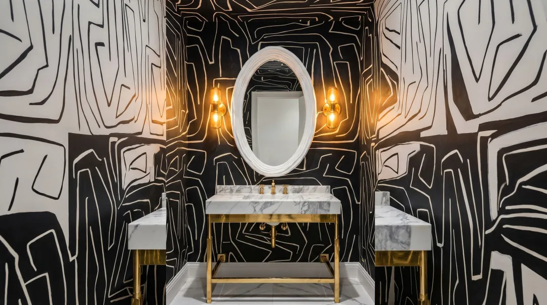 bold powder room design with statement vessel sink dramatic tile and decorative mirror