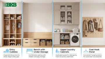 Mud-laundry combo cabinet layout with four functional storage zones