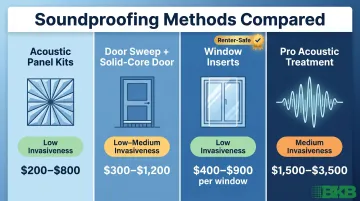 Four soundproofing methods comparison by invasiveness and cost for NYC homes