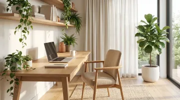 Biophilic home office with live plants wood desk and natural light