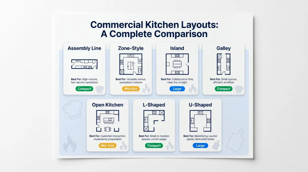 7 commercial kitchen layout types comparison chart for NYC and NJ restaurants