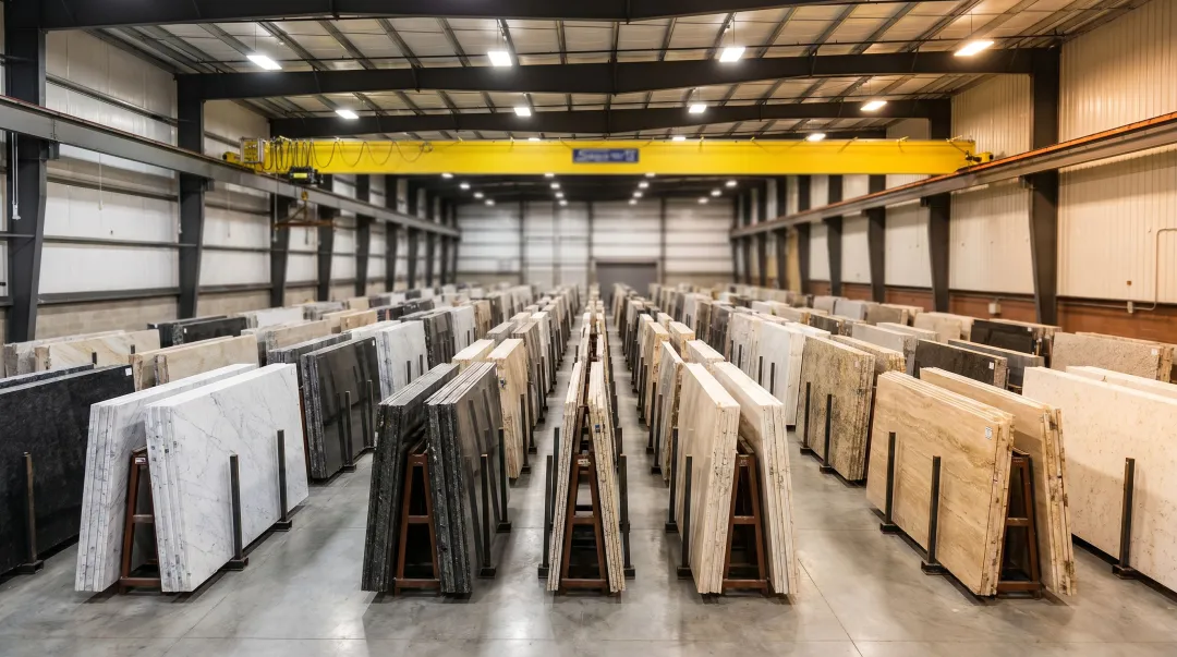 Large stone and quartz distribution warehouse facility with stocked slab inventory