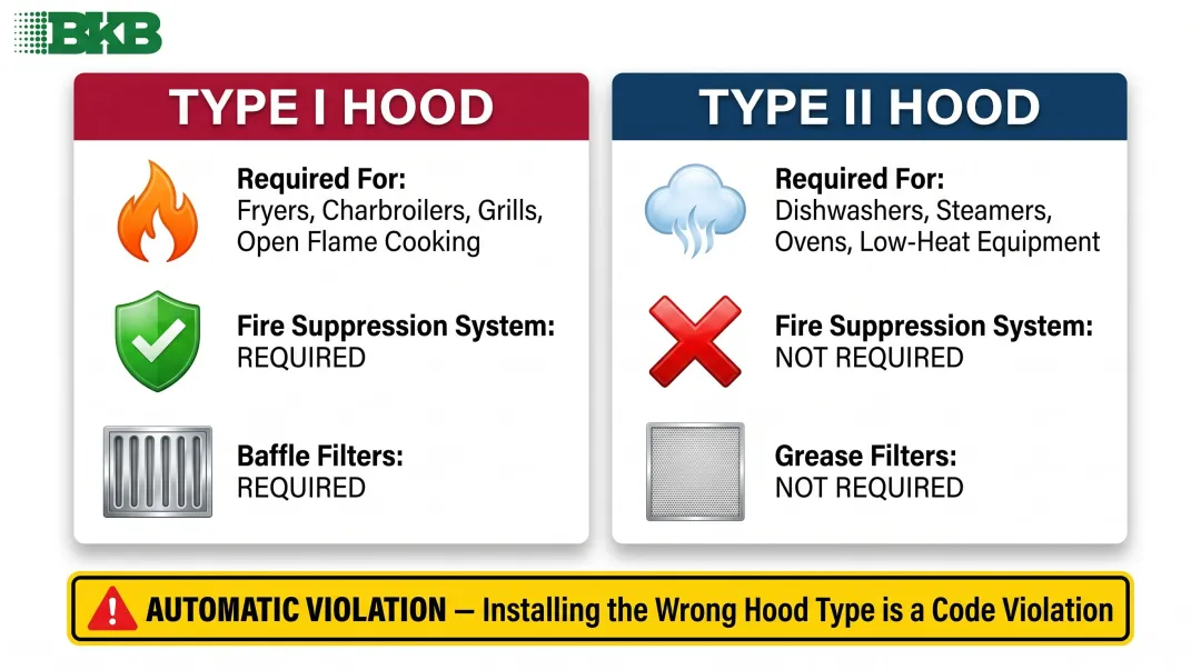 Type I versus Type II commercial kitchen hood comparison chart with requirements