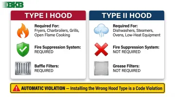 Type I versus Type II commercial kitchen hood comparison chart with requirements