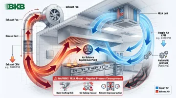 Commercial kitchen exhaust and makeup air system airflow balance diagram