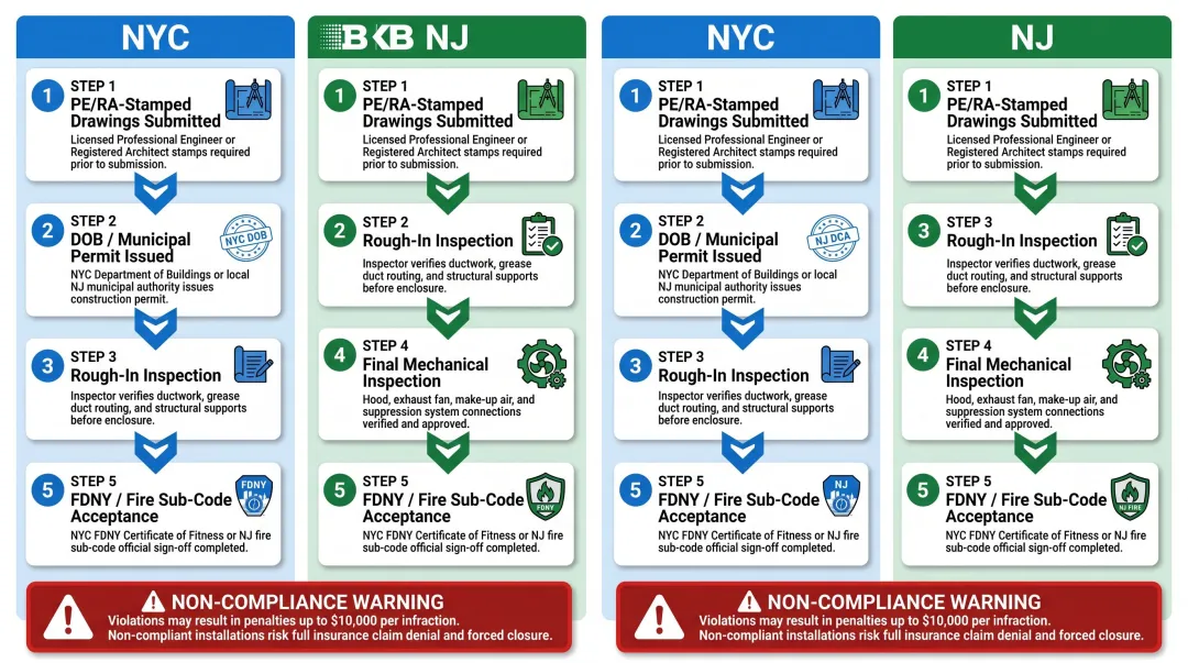NYC and NJ commercial kitchen hood permit and inspection sequence process flow