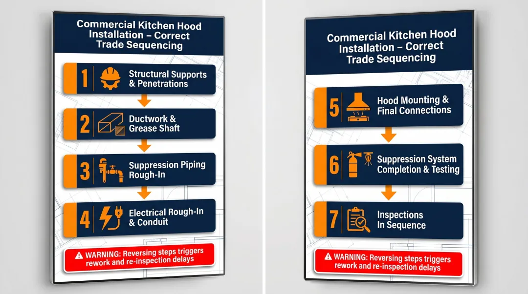 7-step commercial kitchen hood installation trade sequencing order infographic
