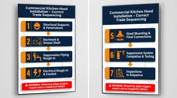 7-step commercial kitchen hood installation trade sequencing order infographic